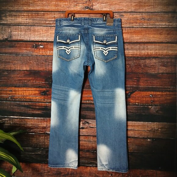 GS115 Jeans Mens 38X33 Blake Slim Distressed Y2K Bleach Spots Embroidered Blue - Picture 2 of 12